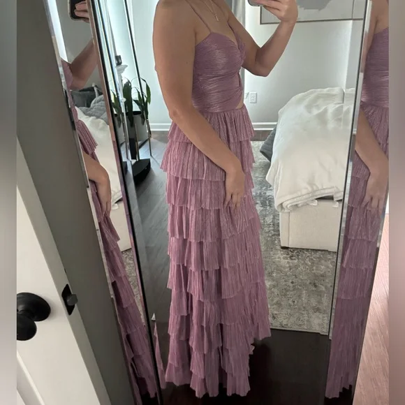 Gianni Bini Elegant Mauve Pink Purple Metallic Tiered Maxi Dress - Picture 4 of 11